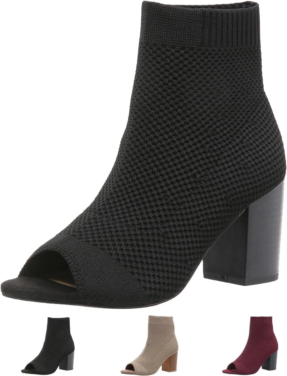 SACFOF Women's Knit Peep Toe Slingback Chunky Heel Ankle Boots Summer Breathable Slip On Dress Sock Heeled Sandals