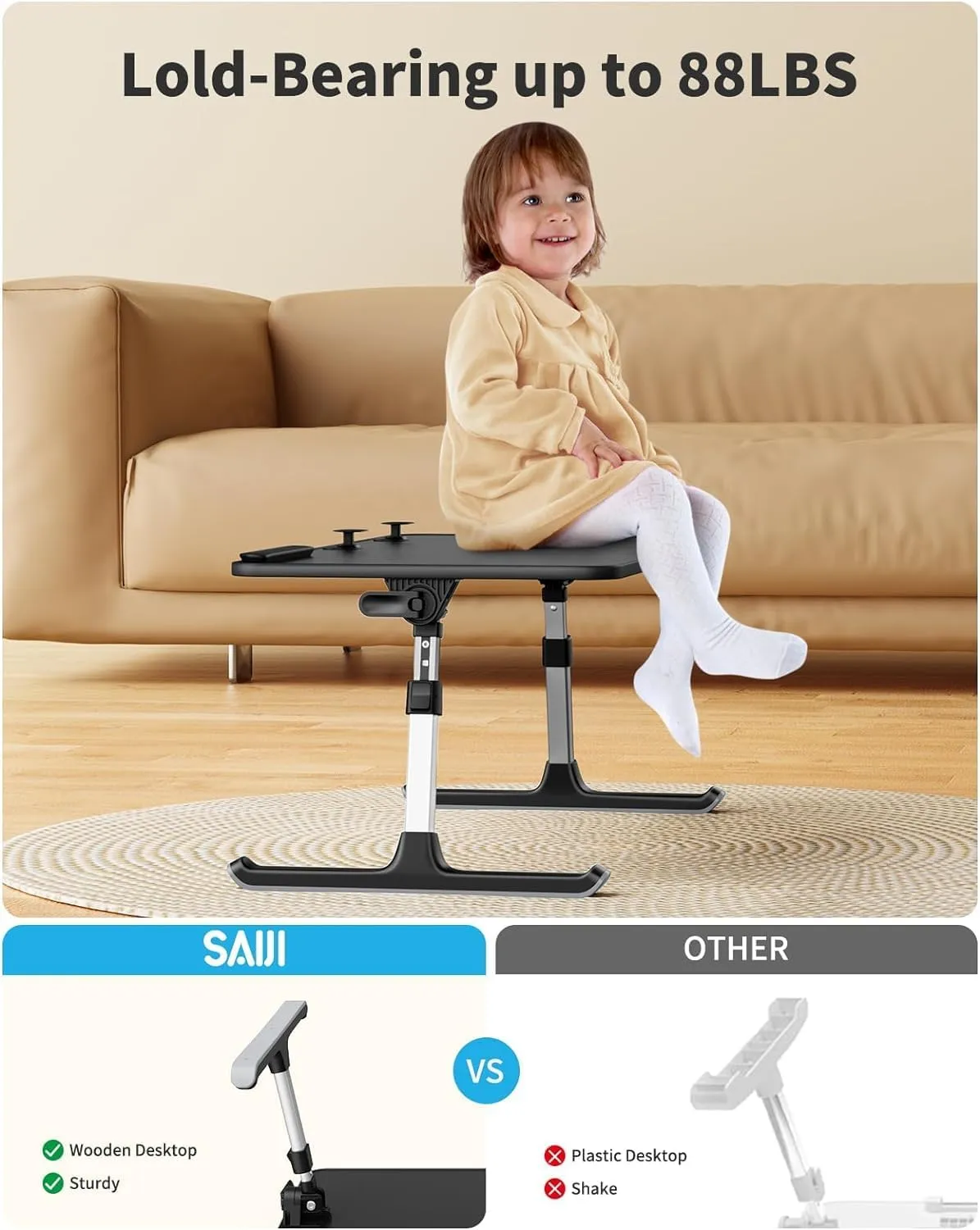 SAIJI Height & Angle Adjustable Laptop Stand for Bed, Lap Desk Bed Tray Table, Light Weight Foldable Portable Laptop Table for Couch Sofa Chair Floor Desk for Adults, Kids (Black)