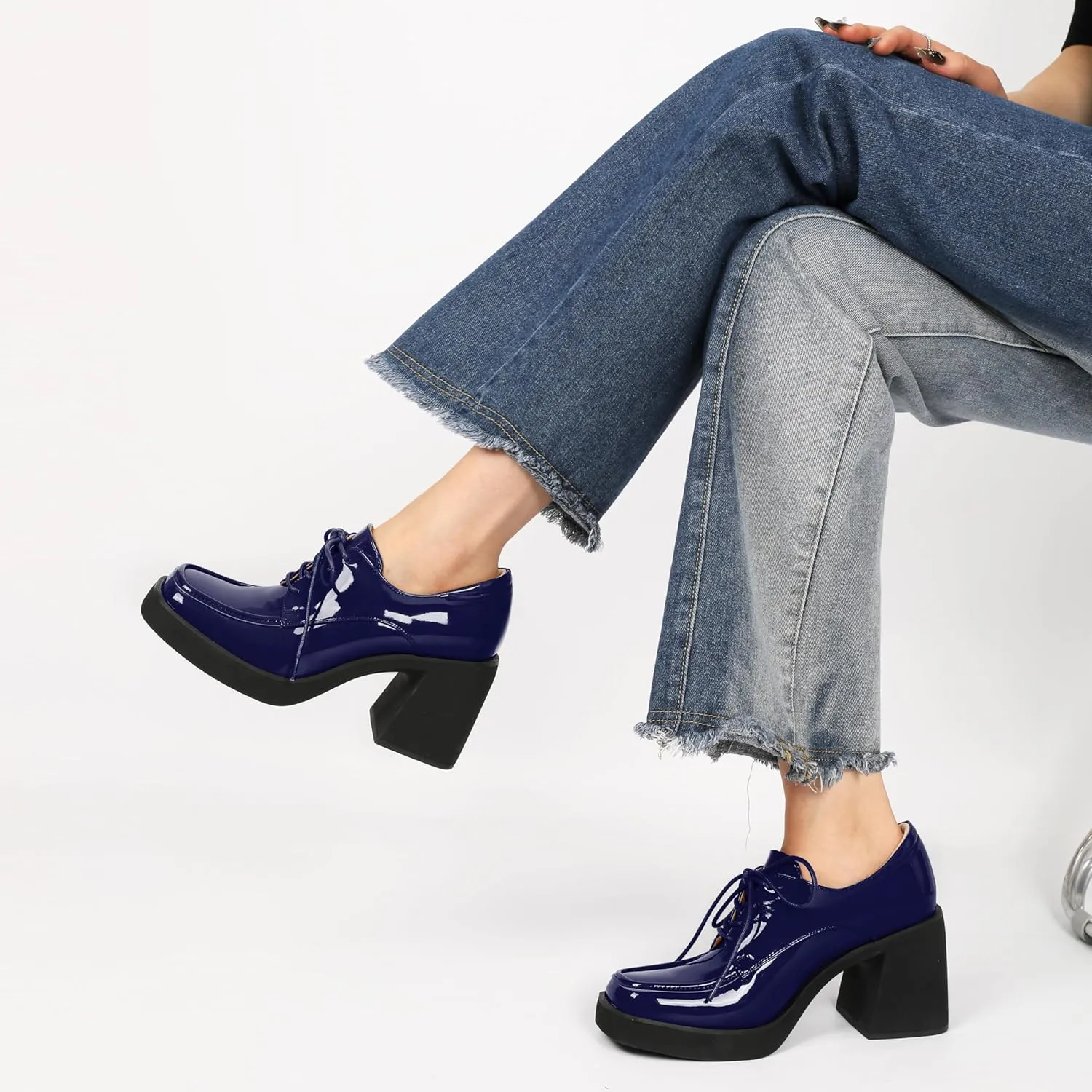 SAMMITOP Platform Oxfords for Women Chunky Lace Up Oxford Shoes Square Toe Casual Comfort Business Work Office Dress Shoes Patent Leather 3.2 Inches