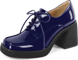 SAMMITOP Platform Oxfords for Women Chunky Lace Up Oxford Shoes Square Toe Casual Comfort Business Work Office Dress Shoes Patent Leather 3.2 Inches
