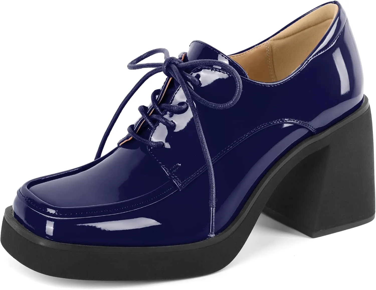 SAMMITOP Platform Oxfords for Women Chunky Lace Up Oxford Shoes Square Toe Casual Comfort Business Work Office Dress Shoes Patent Leather 3.2 Inches