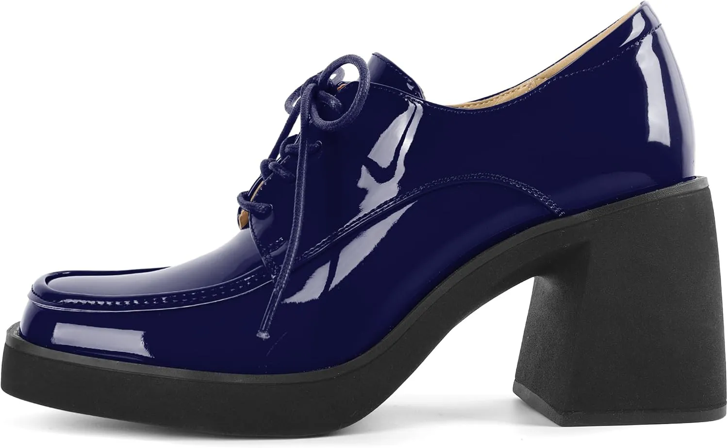 SAMMITOP Platform Oxfords for Women Chunky Lace Up Oxford Shoes Square Toe Casual Comfort Business Work Office Dress Shoes Patent Leather 3.2 Inches