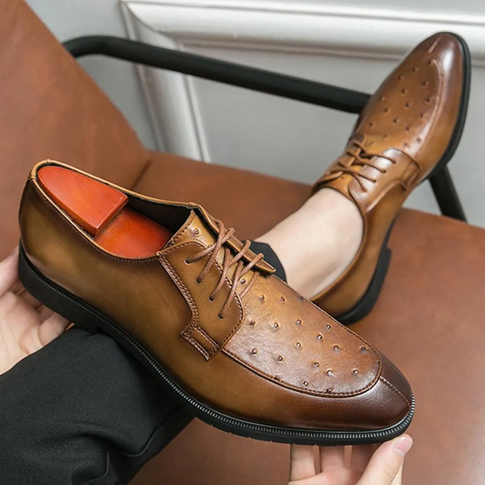 Santimon Men’s Ostrich Print Leather Oxford Dress Shoes Classic Lace-Up Formal Shoes for Business, Weddings, and Casual Occasions, Brown/Black
