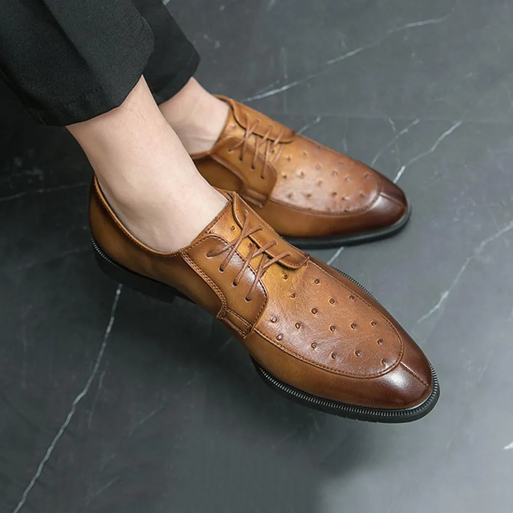 Santimon Men’s Ostrich Print Leather Oxford Dress Shoes Classic Lace-Up Formal Shoes for Business, Weddings, and Casual Occasions, Brown/Black