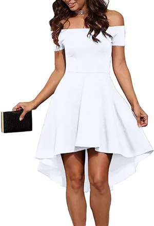 Sarin Mathews Womens Off The Shoulder Short Sleeve High Low Cocktail Skater Dress