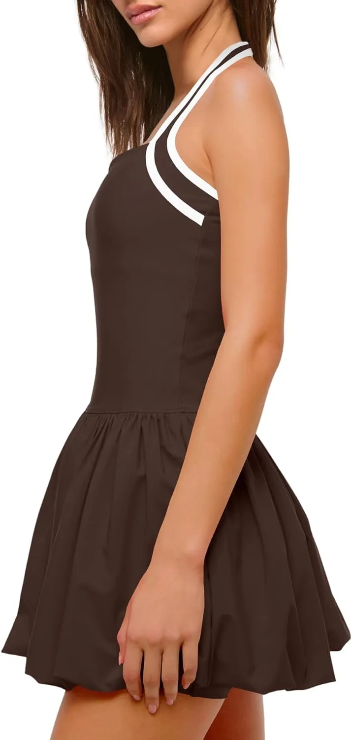 SENSERISE Womens Tennis Dress Built in Bra Halter Dress with Shorts Underneath Workout One Piece Golf Outfits