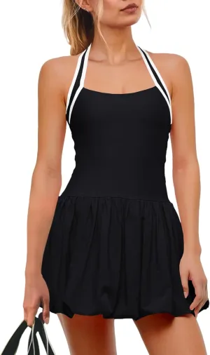 SENSERISE Womens Tennis Dress Built in Bra Halter Dress with Shorts Underneath Workout One Piece Golf Outfits