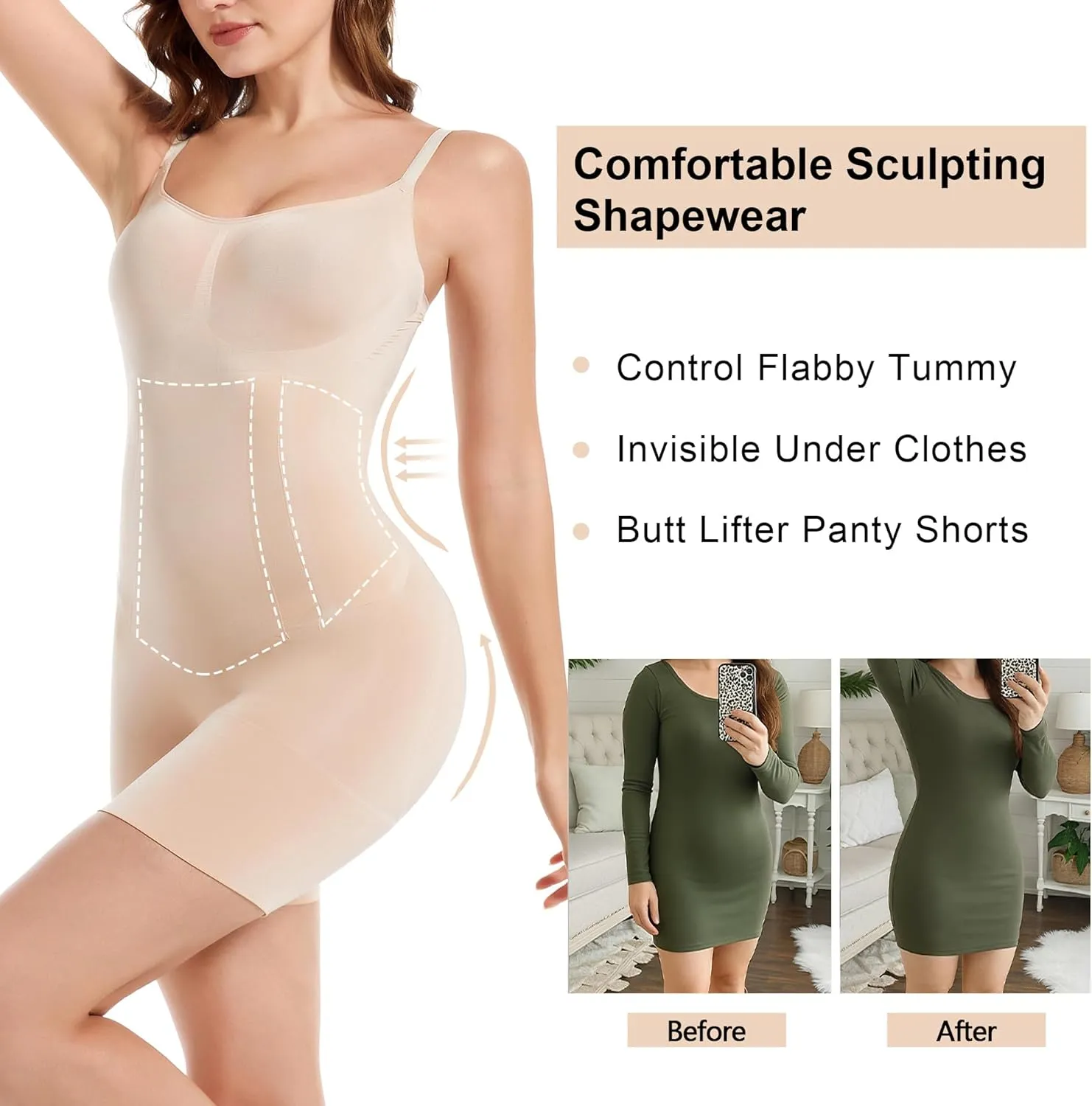 SHAPERX Shapewear for Women Tummy Control Open Bust Thigh Slimmer Body Shaper