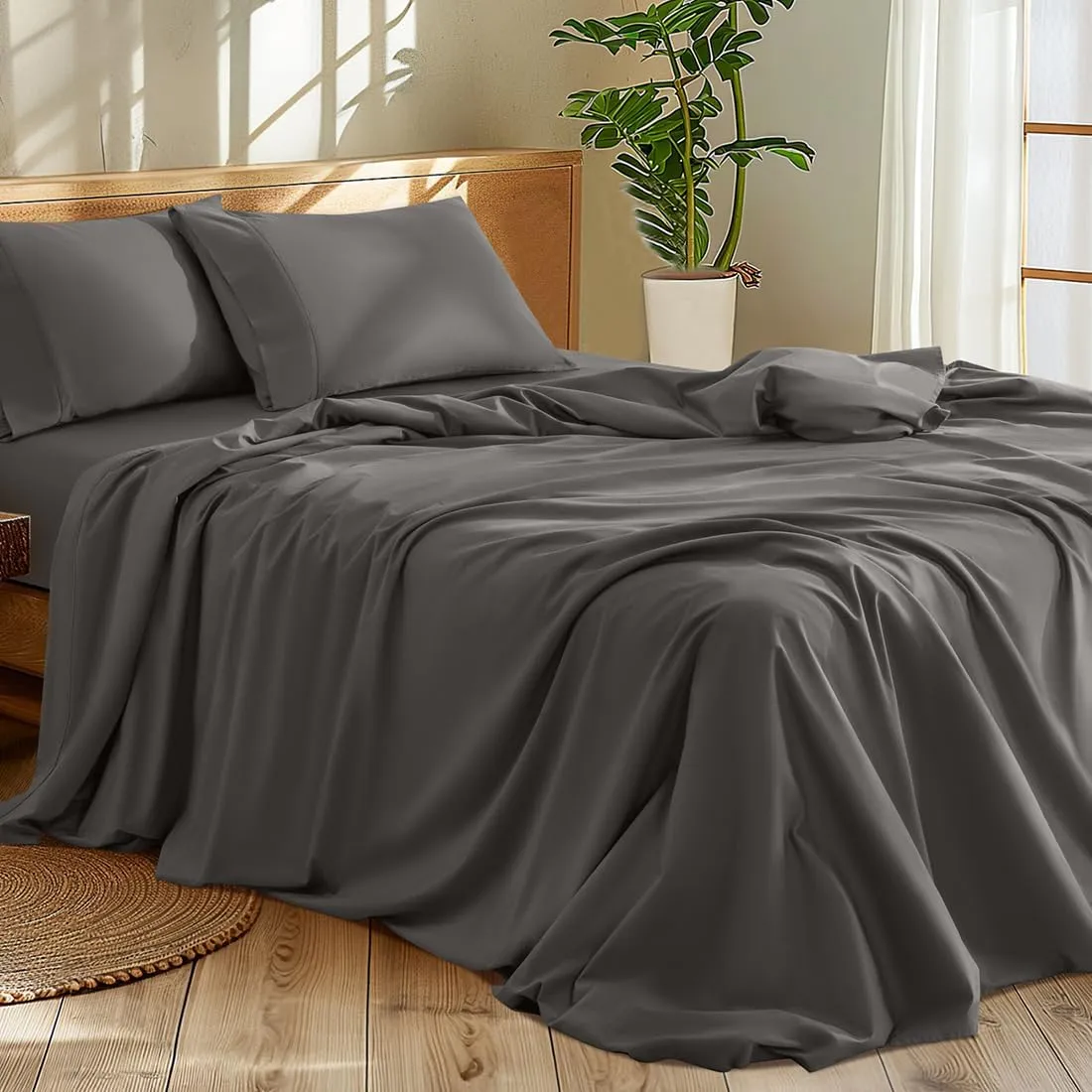 Shilucheng 1200 Thread Count Cotton Sheets Set，Luxury 100% Egyptian Cotton Bed Sheets，5-Star Hotel Quality Sheets, Breathable & Cooling, 16 Inch Deep Pocket - 4 Piece (Dark Grey, King)