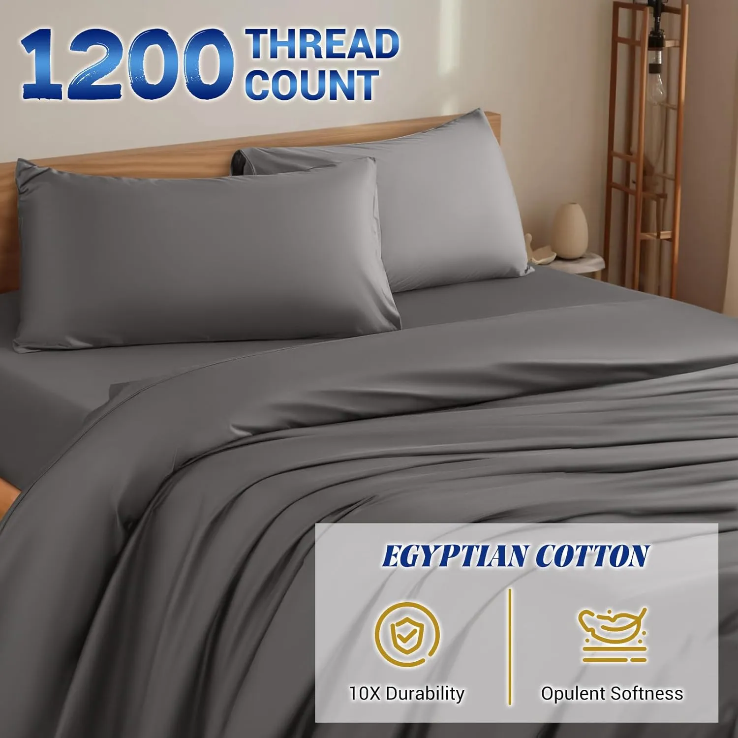 Shilucheng 1200 Thread Count Cotton Sheets Set，Luxury 100% Egyptian Cotton Bed Sheets，5-Star Hotel Quality Sheets, Breathable & Cooling, 16 Inch Deep Pocket - 4 Piece (Dark Grey, King)
