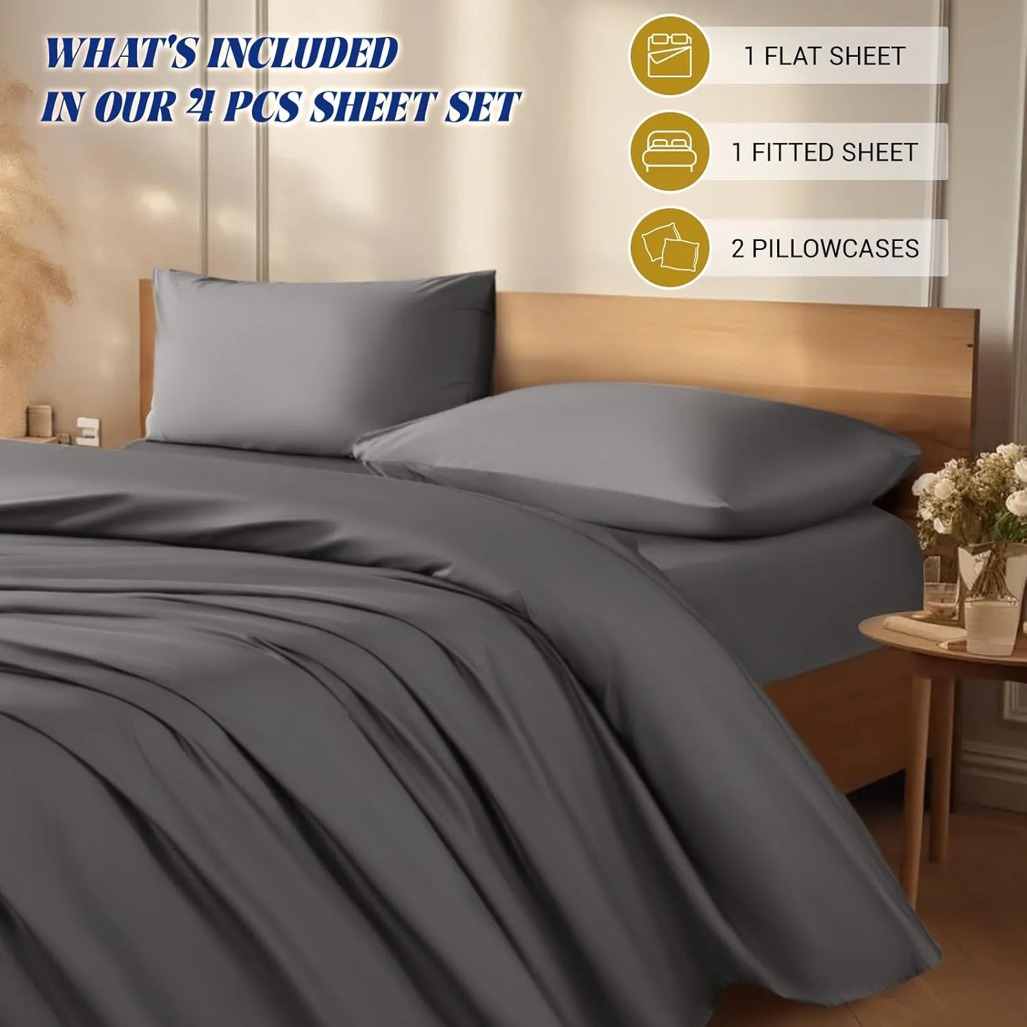 Shilucheng 1200 Thread Count Cotton Sheets Set，Luxury 100% Egyptian Cotton Bed Sheets，5-Star Hotel Quality Sheets, Breathable & Cooling, 16 Inch Deep Pocket - 4 Piece (Dark Grey, King)