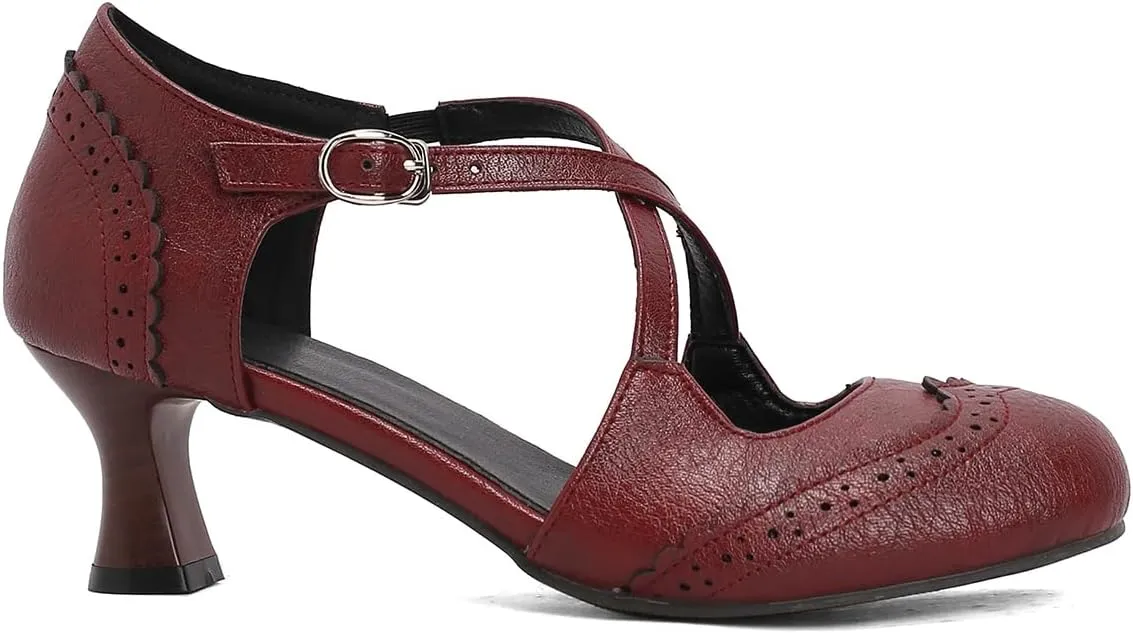SHODENSE Women Kitten Heels Mary Jane Oxford Shoes Round Closed Toe Ankle Strap Dress Sandals Cutout Mid Block Heel Mary Jane Pumps Matte Criss-Cross Strappy Pumps Office Ladies Work Party 4-17 M US