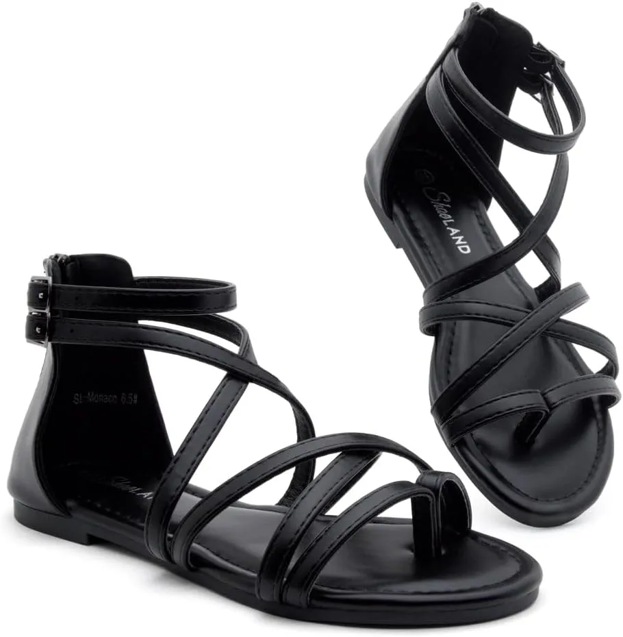Shoe Land Flat Gladiator Sandals for Women 2025 – Fisherman Thong with Adjustable Ankle Strap & Back Zipper | Comfortable for Beach, Walking & Daily Wear