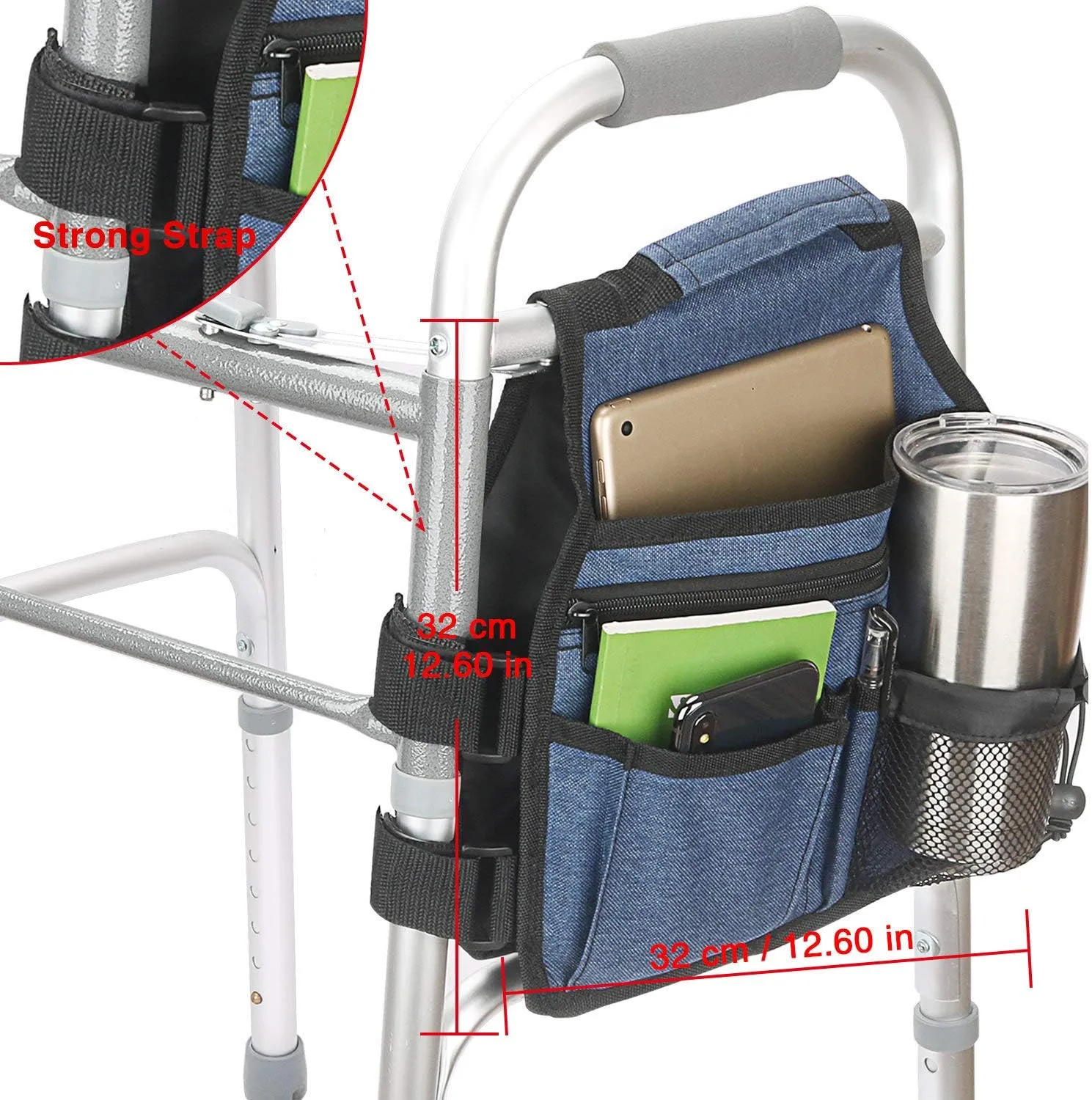 Side Walker Bags,Walker Organizer Pounch for Rollator and Folding Walkers,Walker Side Accessories for Elderly, Seniors, Handicap, Disabled (Double Sided) (Blue)