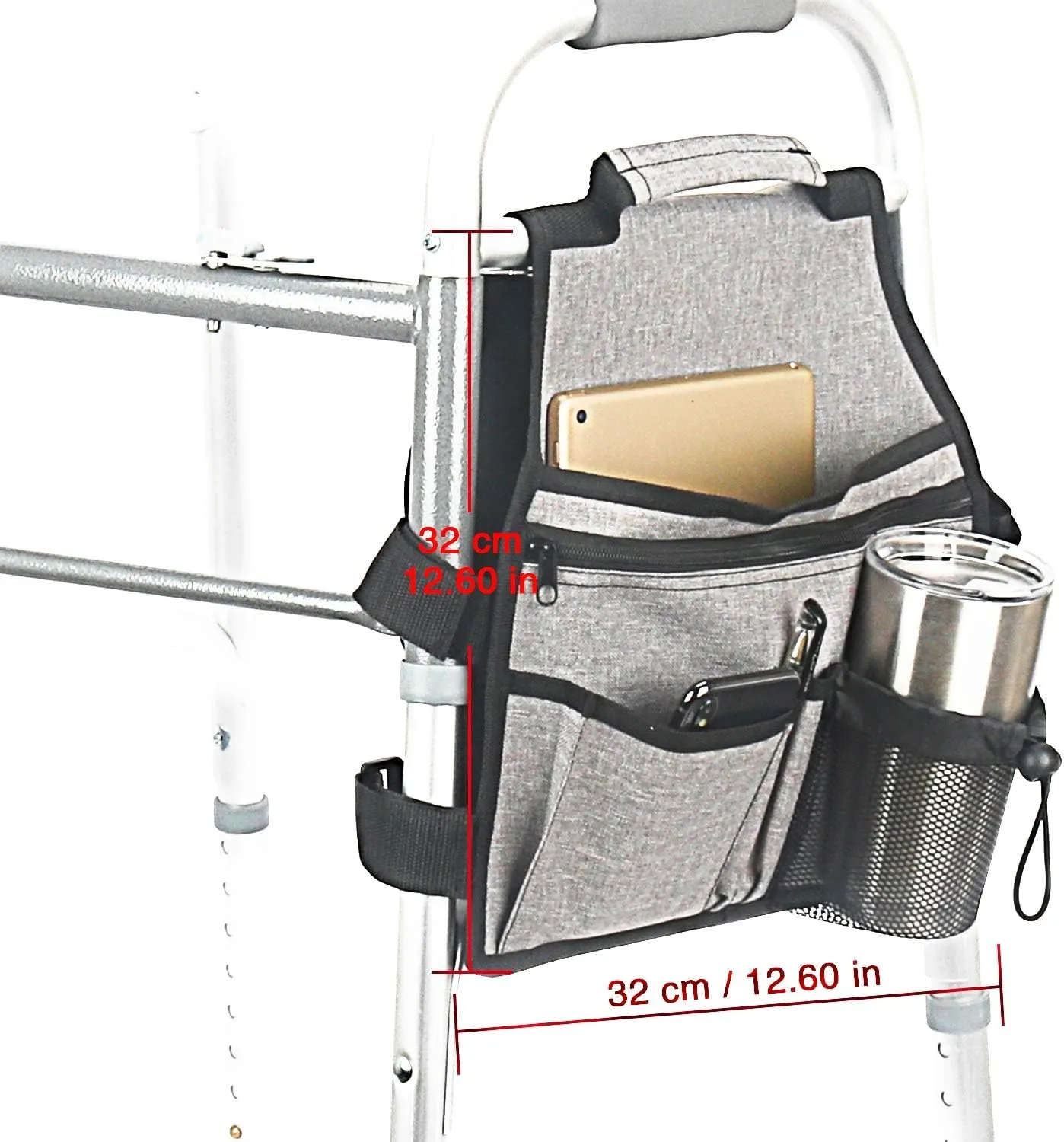 Side Walker Bags,Walker Organizer Pounch for Rollator and Folding Walkers,Walker Side Accessories for Elderly, Seniors, Handicap, Disabled (Double Sided) (Grey)