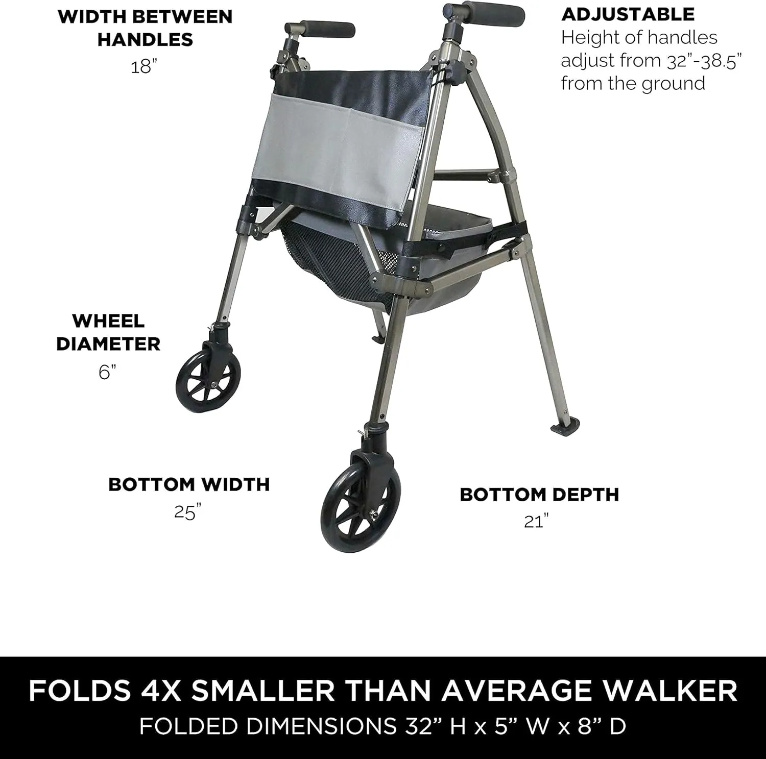 Signature Life Elite Travel Walker, Lightweight Folding Rolling-Walker with Swivel Wheels for Adults, Seniors, and Elderly, Compact Narrow Walking Aid, Height Adjustable with Ski Glides and Pouch