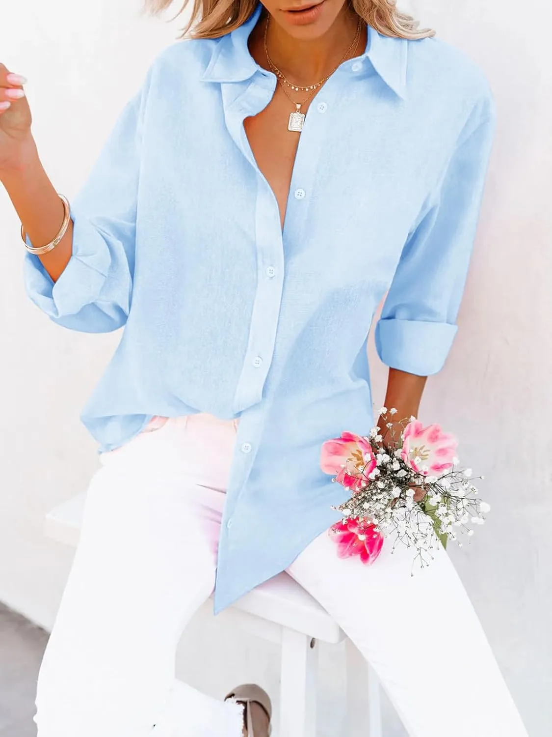 siliteelon Button Down Shirts for Women Dress Shirts Long Sleeve Wrinkle-Free Blouse Casual Solid Office Work Tunic Top
