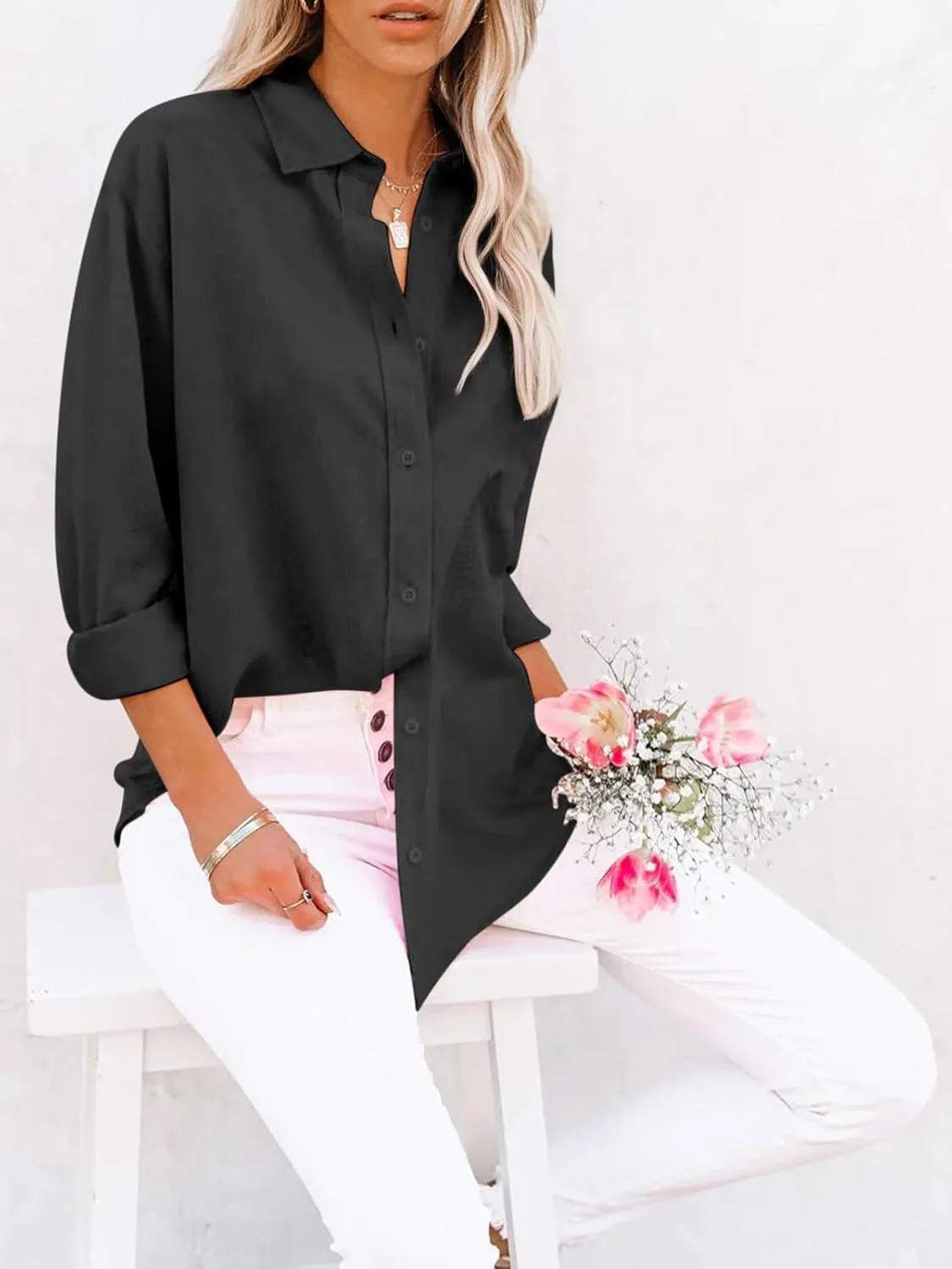 siliteelon Button Down Shirts for Women Dress Shirts Long Sleeve Wrinkle-Free Blouse Casual Solid Office Work Tunic Top