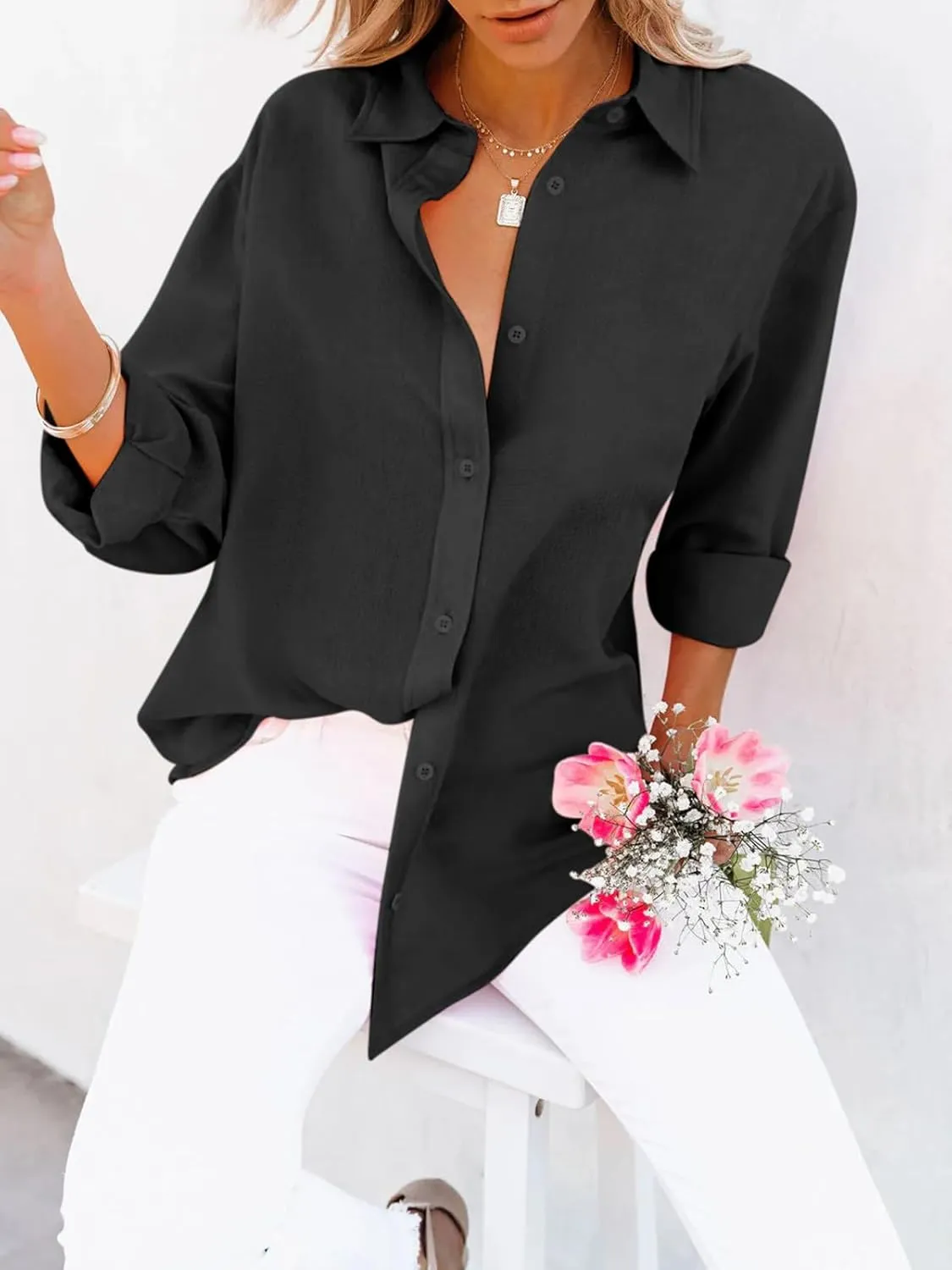 siliteelon Button Down Shirts for Women Dress Shirts Long Sleeve Wrinkle-Free Blouse Casual Solid Office Work Tunic Top