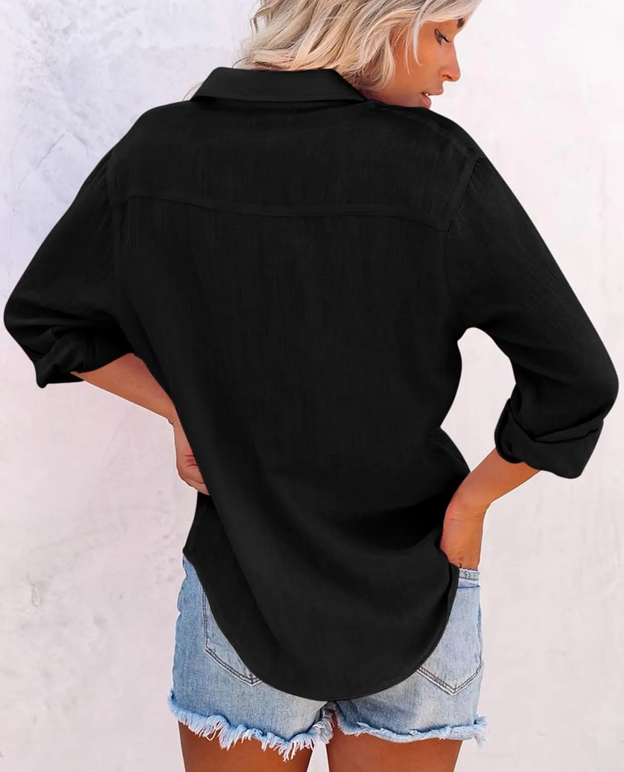 siliteelon Womens Button Down Shirts Cotton Dress Shirts Long Sleeve Blouses V Neck Solid Casual Tunics Tops with Pockets