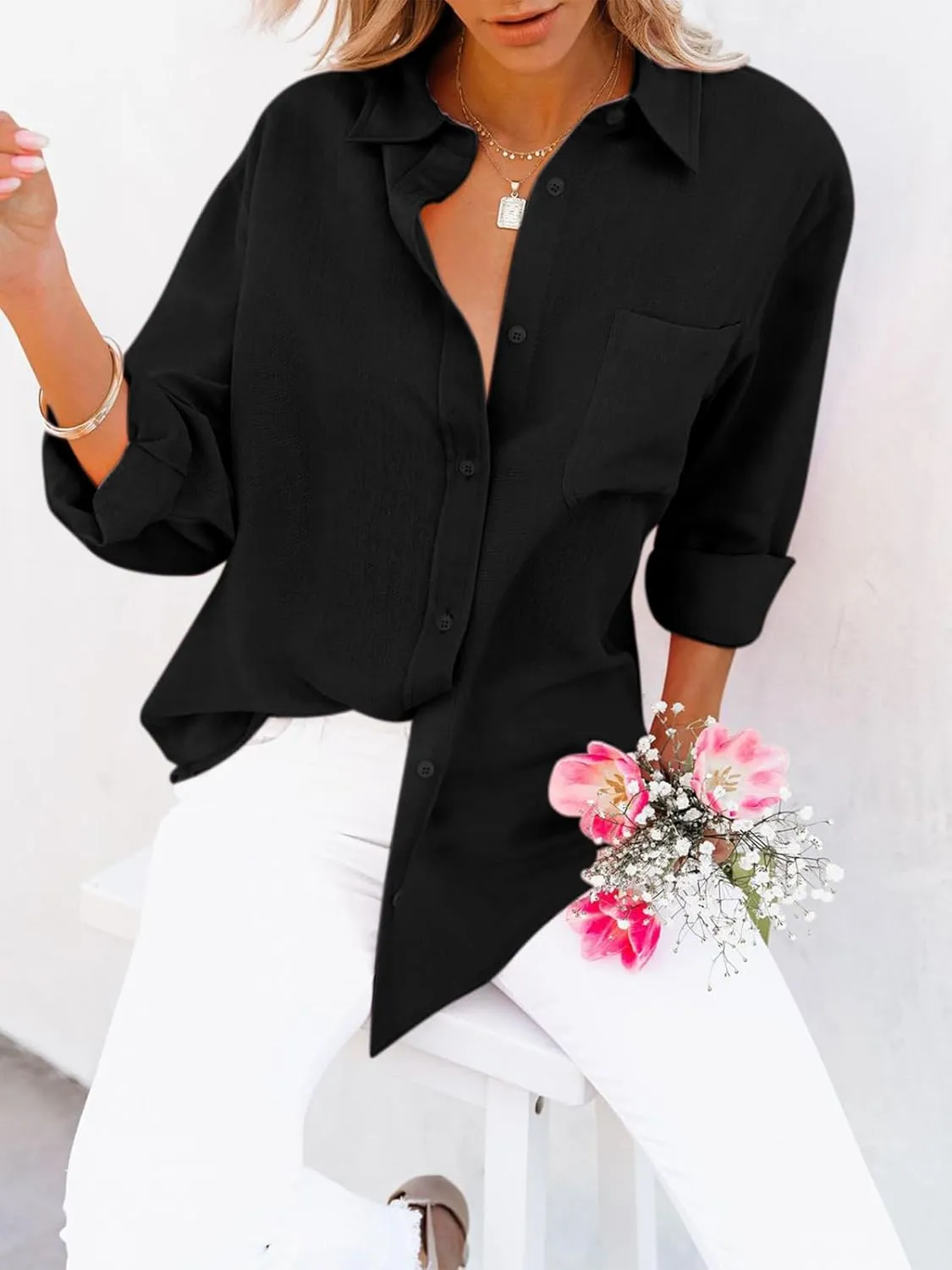 siliteelon Womens Button Down Shirts Cotton Dress Shirts Long Sleeve Blouses V Neck Solid Casual Tunics Tops with Pockets