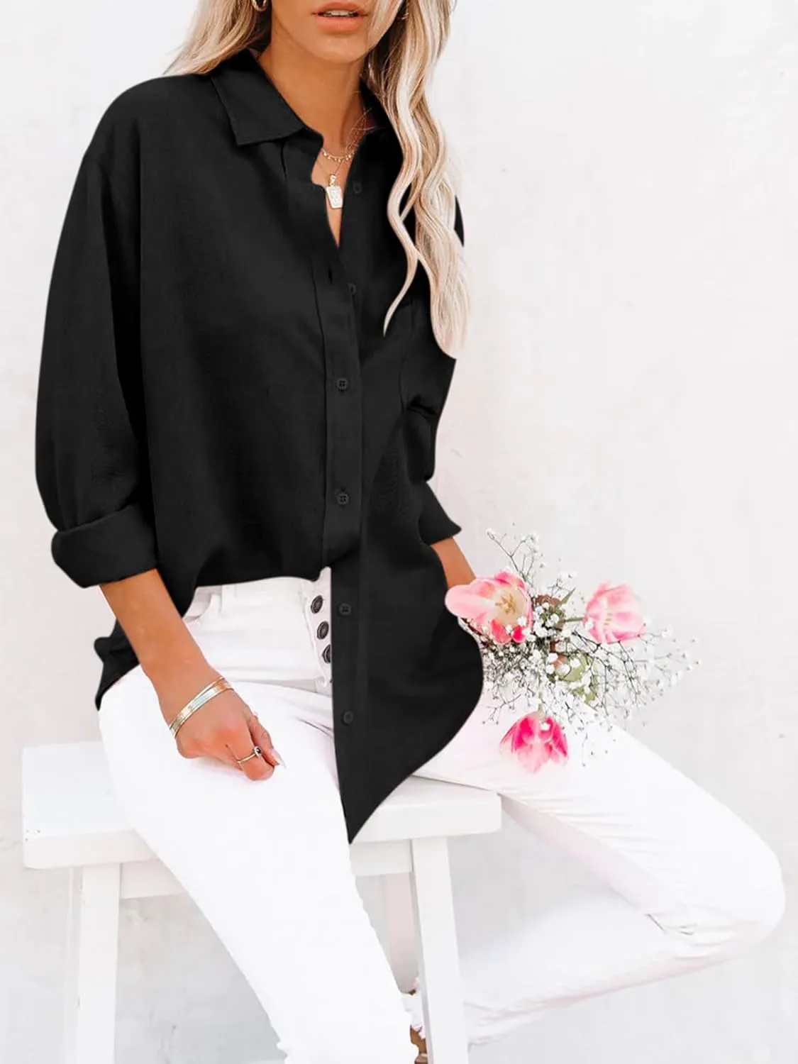siliteelon Womens Button Down Shirts Cotton Dress Shirts Long Sleeve Blouses V Neck Solid Casual Tunics Tops with Pockets