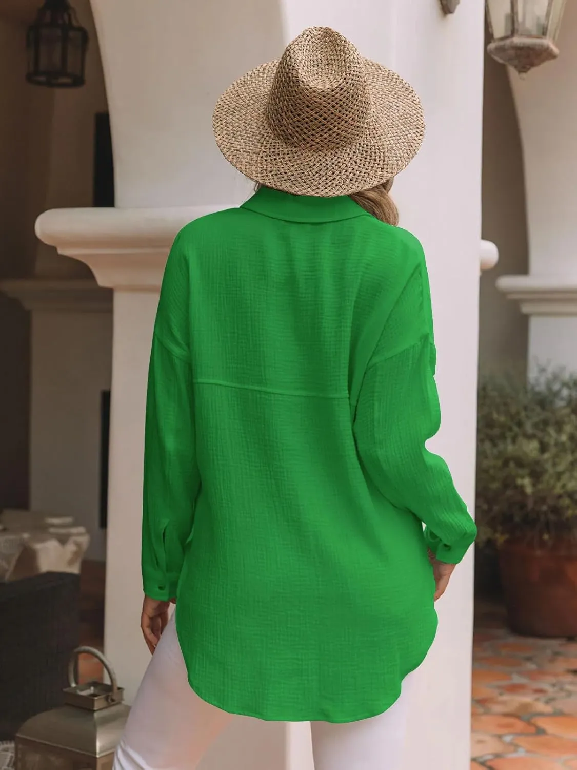 siliteelon Womens Button Down Shirts Cotton Gauze Long Sleeve Oversized Boyfriend Blouses Collared Dress Tops with Pockets