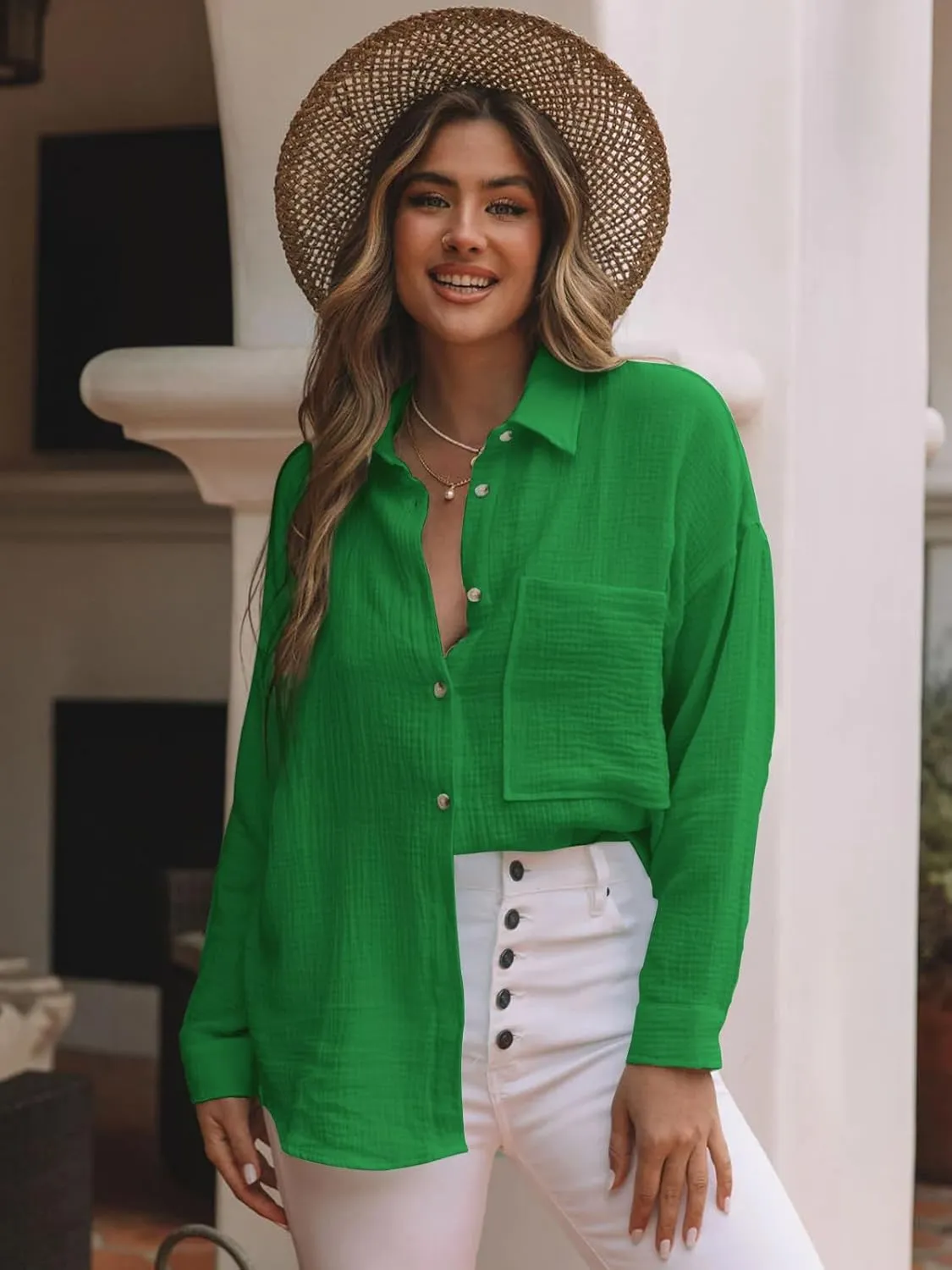siliteelon Womens Button Down Shirts Cotton Gauze Long Sleeve Oversized Boyfriend Blouses Collared Dress Tops with Pockets