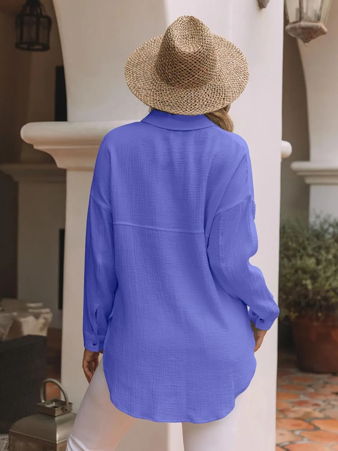 siliteelon Womens Button Down Shirts Cotton Gauze Long Sleeve Oversized Boyfriend Blouses Collared Dress Tops with Pockets