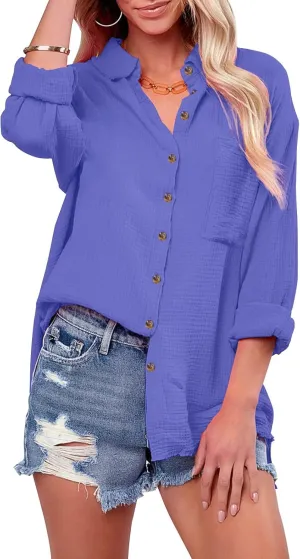 siliteelon Womens Button Down Shirts Cotton Gauze Long Sleeve Oversized Boyfriend Blouses Collared Dress Tops with Pockets