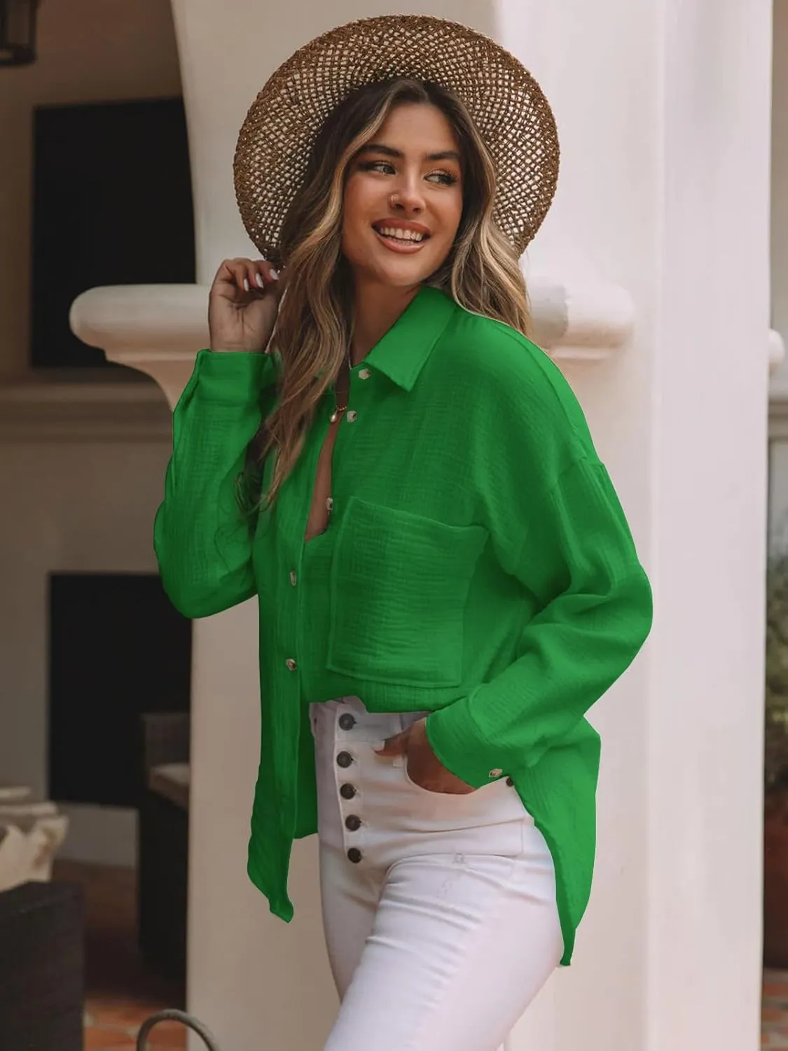 siliteelon Womens Button Down Shirts Cotton Gauze Long Sleeve Oversized Boyfriend Blouses Collared Dress Tops with Pockets
