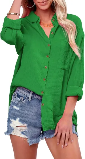 siliteelon Womens Button Down Shirts Cotton Gauze Long Sleeve Oversized Boyfriend Blouses Collared Dress Tops with Pockets