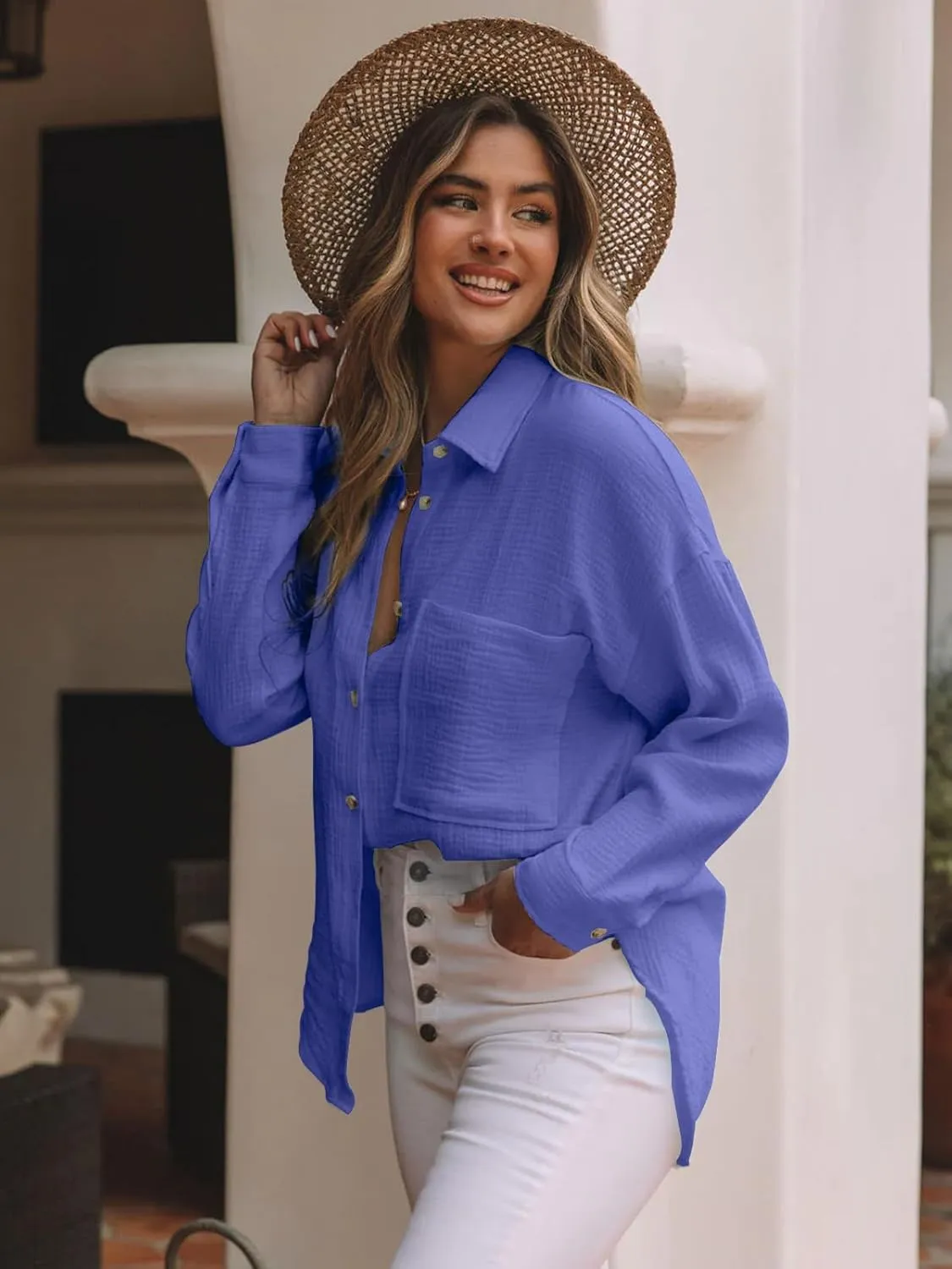 siliteelon Womens Button Down Shirts Cotton Gauze Long Sleeve Oversized Boyfriend Blouses Collared Dress Tops with Pockets