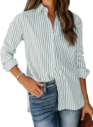 siliteelon Womens Button Down Shirts Cotton Striped Dress Shirt Long Sleeve Collared Office Work Blouses Tops