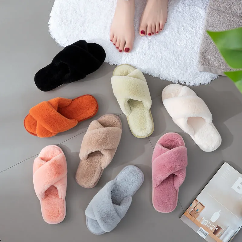 Simple Cross Flat Plush Slippers