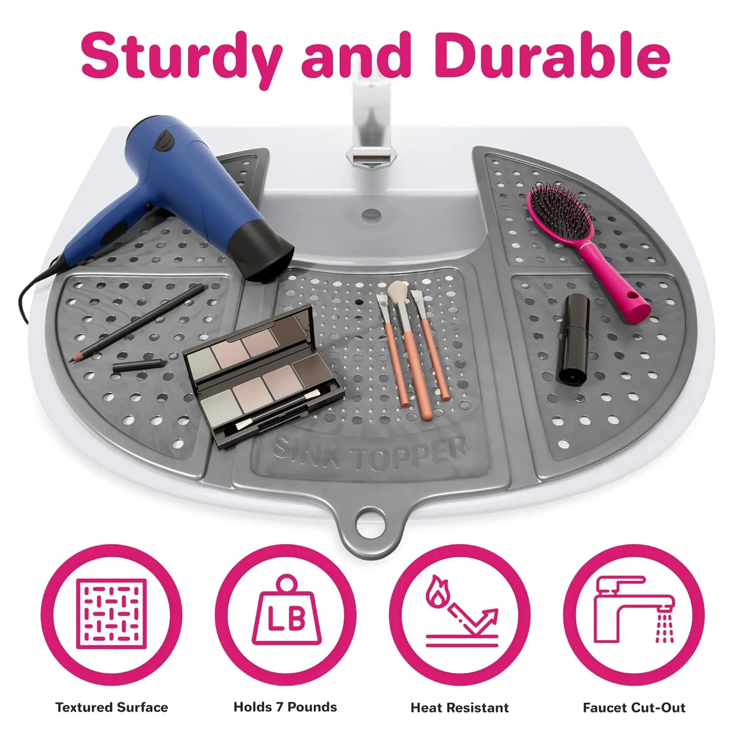 Sink Topper Foldable Sink Cover | Silicone Beauty Makeup Brush Cleaning Mat | Hot Tools Organizer | Bathroom Cover for Counter Space & Storage Saver | Traveling Must Haves for RV | Standard, Silver
