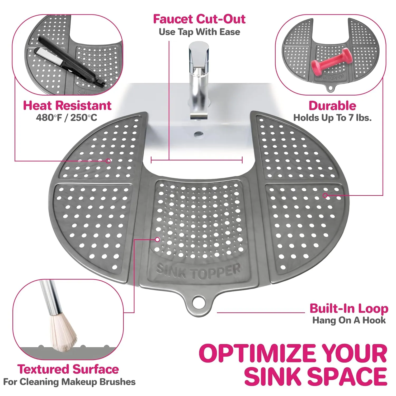 Sink Topper Foldable Sink Cover | Silicone Beauty Makeup Brush Cleaning Mat | Hot Tools Organizer | Bathroom Cover for Counter Space & Storage Saver | Traveling Must Haves for RV | Standard, Silver