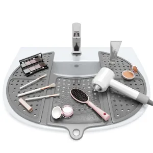 Sink Topper Foldable Sink Cover | Silicone Beauty Makeup Brush Cleaning Mat | Hot Tools Organizer | Bathroom Cover for Counter Space & Storage Saver | Traveling Must Haves for RV | Standard, Silver
