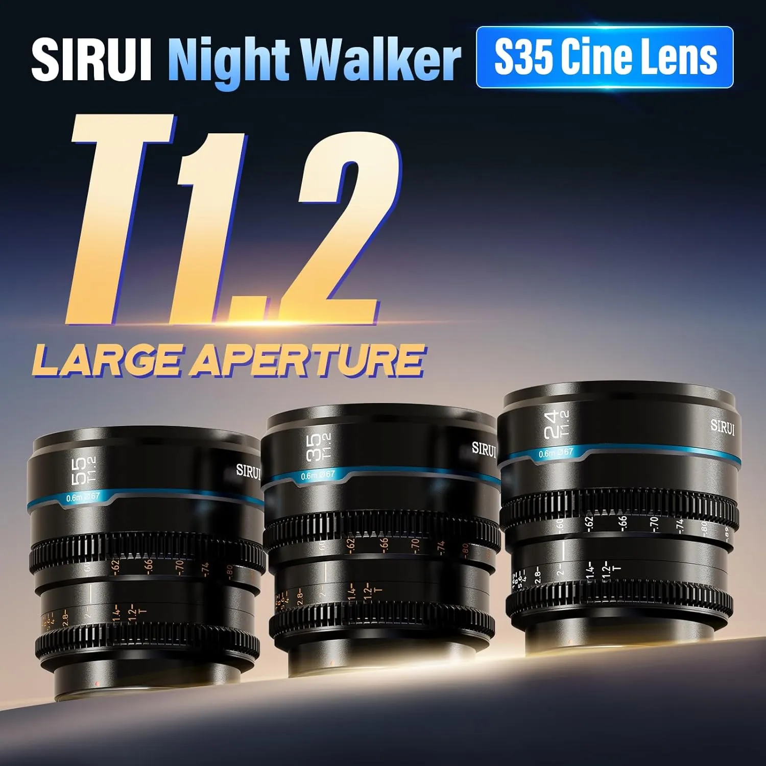 SIRUI Night Walker S35 Manual Focus Cine Lens Set, 24mm, 35mm, 55mm, T1.2 Large Aperture Lensfor E Mount Cameras, FX30, ZVE-10, A6500, A6600 (MS-3SEB, Black)