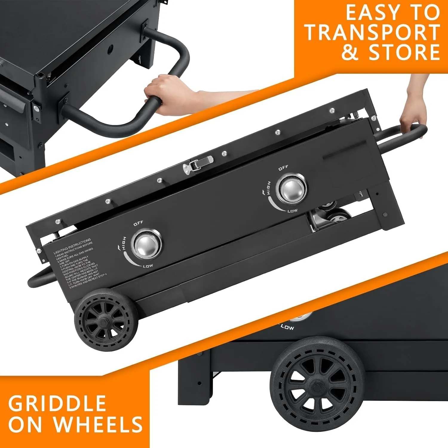 SKOK Flat Top Gas Grill-28 Inch Outdoor Propane Griddle, Portable Gas Griddle -30000 BTU Propane Fuelled, 2 Burners Table Top Foldable Griddle Station with Side Shelves