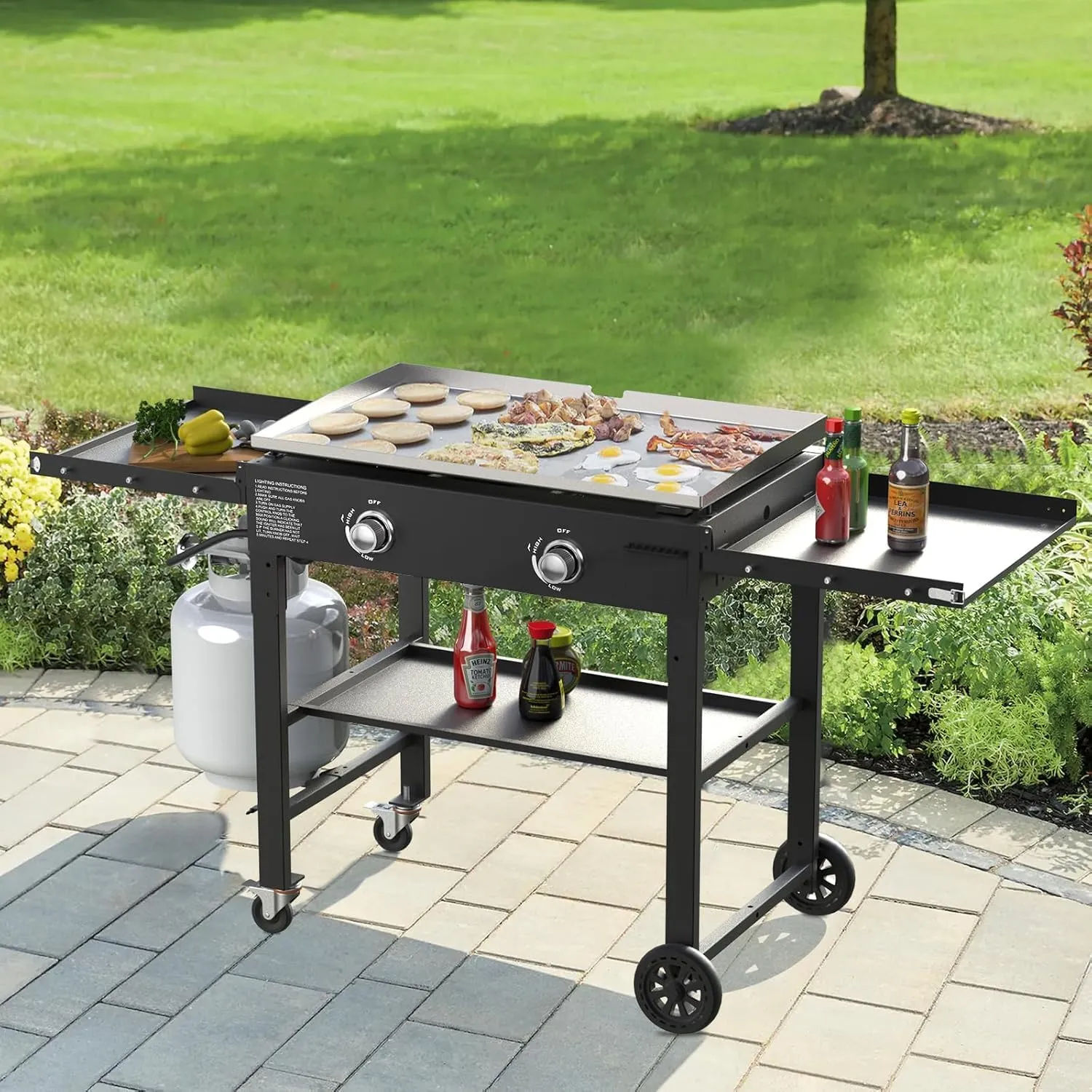 SKOK Flat Top Gas Grill-28 Inch Outdoor Propane Griddle, Portable Gas Griddle -30000 BTU Propane Fuelled, 2 Burners Table Top Foldable Griddle Station with Side Shelves