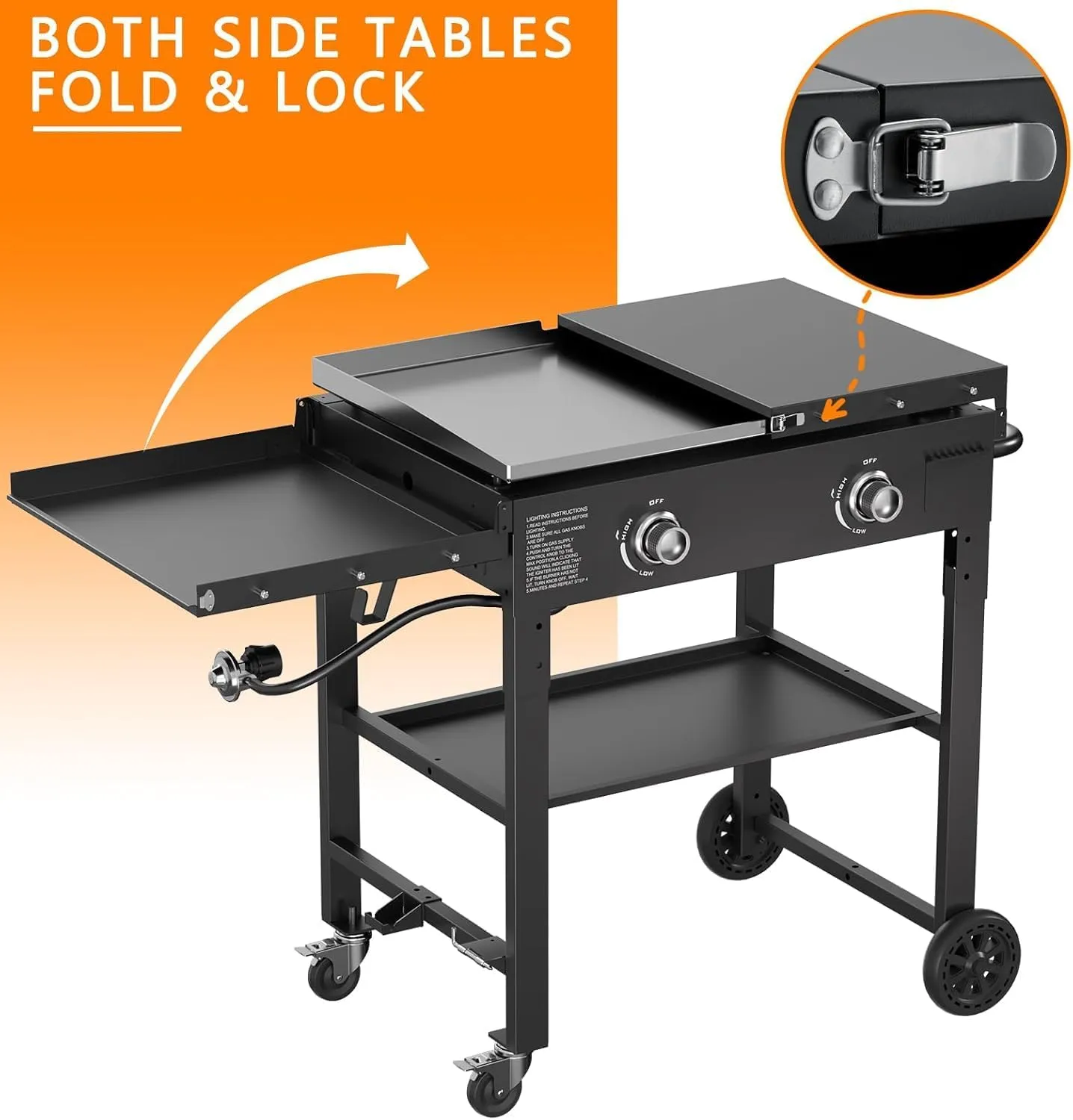 SKOK Flat Top Gas Grill-28 Inch Outdoor Propane Griddle, Portable Gas Griddle -30000 BTU Propane Fuelled, 2 Burners Table Top Foldable Griddle Station with Side Shelves