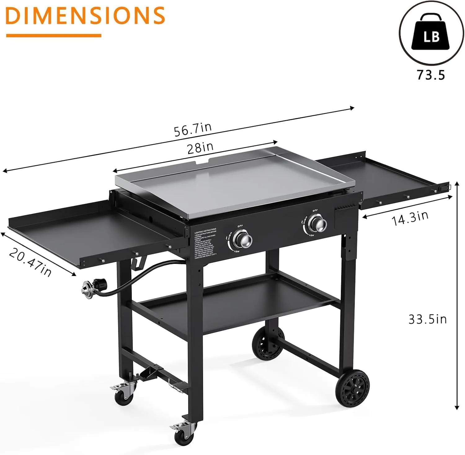 SKOK Flat Top Gas Grill-28 Inch Outdoor Propane Griddle, Portable Gas Griddle -30000 BTU Propane Fuelled, 2 Burners Table Top Foldable Griddle Station with Side Shelves