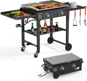 SKOK Flat Top Gas Grill-28 Inch Outdoor Propane Griddle, Portable Gas Griddle -30000 BTU Propane Fuelled, 2 Burners Table Top Foldable Griddle Station with Side Shelves
