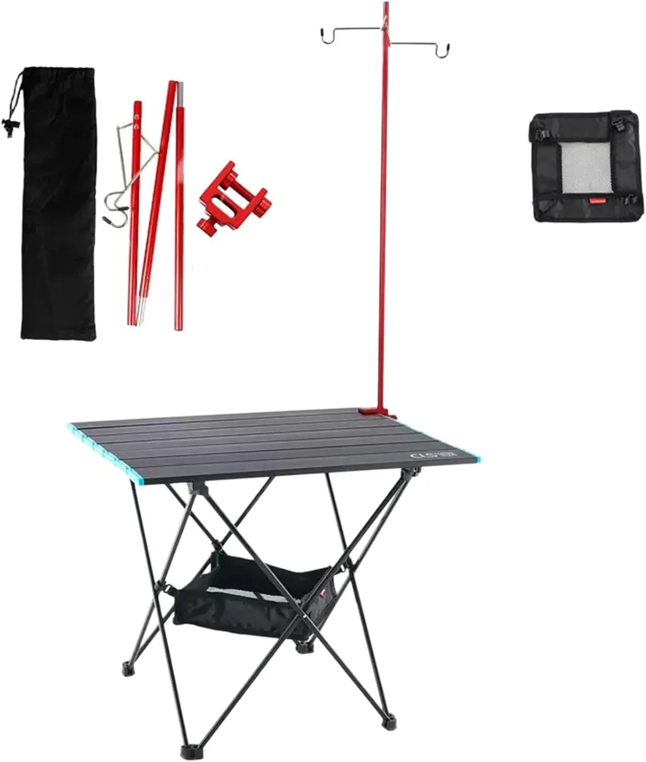 Small Foldable Table Portable Aluminium Klaptafel, Lichtgewicht Draagbare Klaptafel met Ophangnet, Opbergtas, Lichtstandaard for Picnic Camping(Red,55.2 * 40.8 * 46cm)
