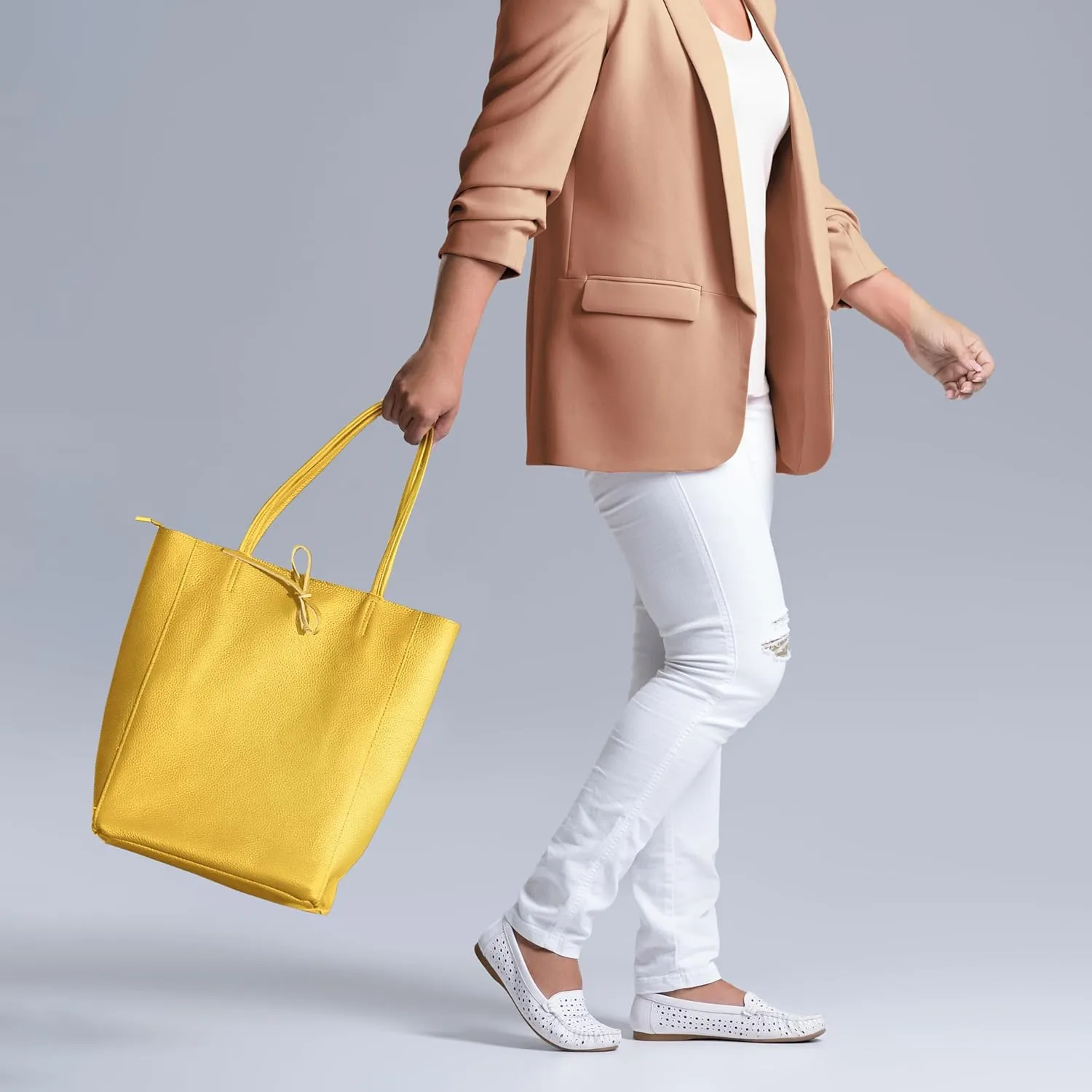 Soft Italian Genuine Calf Leather Tote Bag | Unstructured Unlined Shopper with Zipper, Inside Pocket & Flat Base