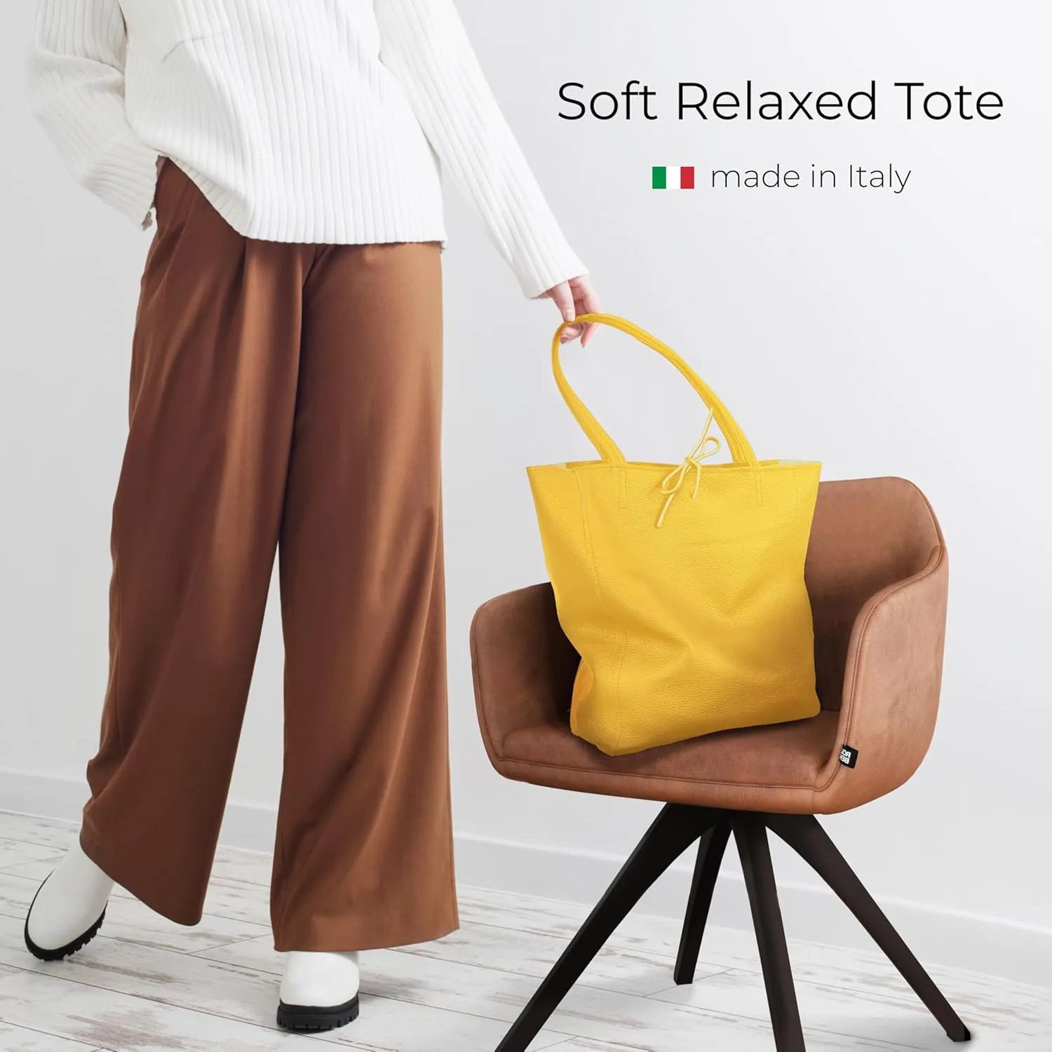 Soft Italian Genuine Calf Leather Tote Bag | Unstructured Unlined Shopper with Zipper, Inside Pocket & Flat Base