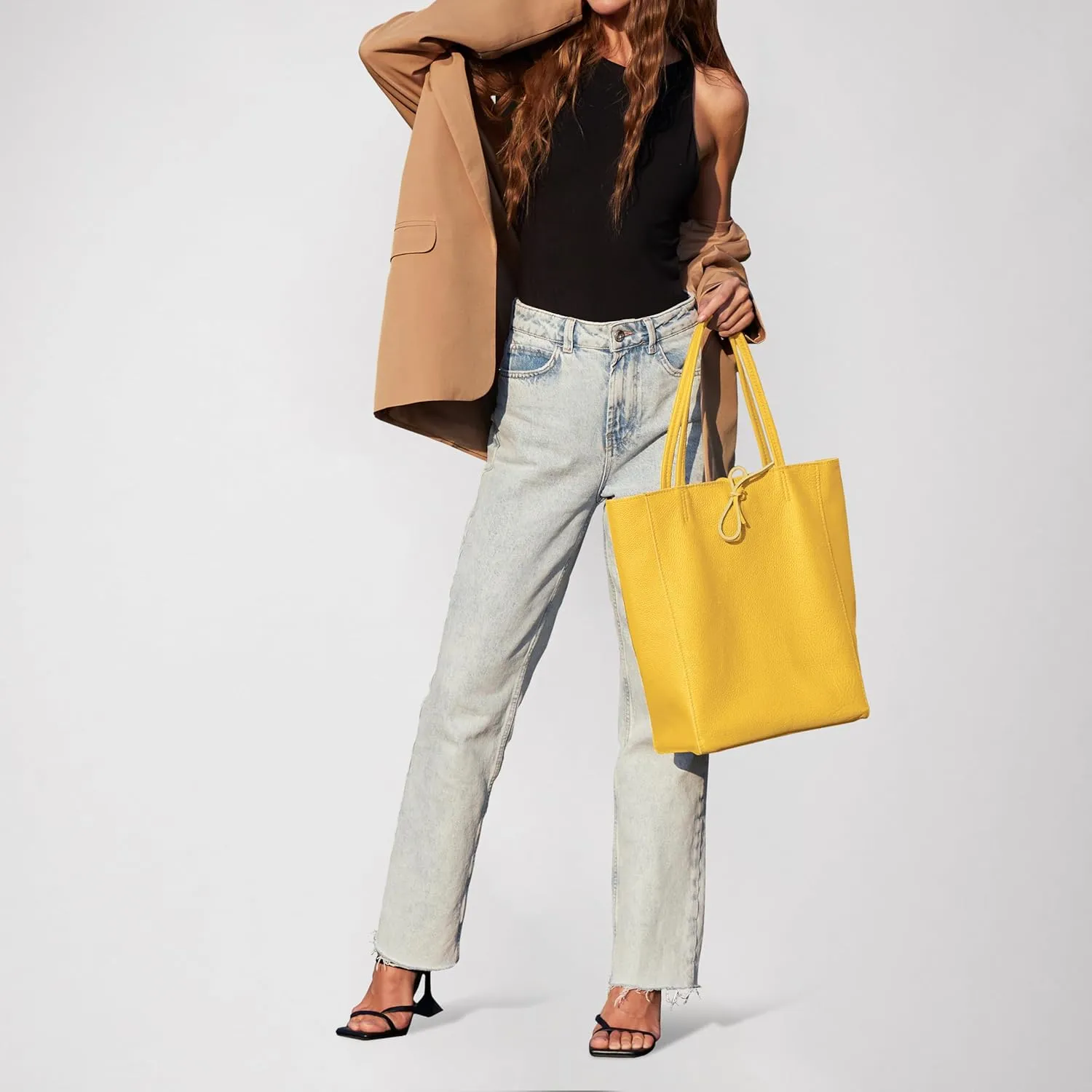 Soft Italian Genuine Calf Leather Tote Bag | Unstructured Unlined Shopper with Zipper, Inside Pocket & Flat Base