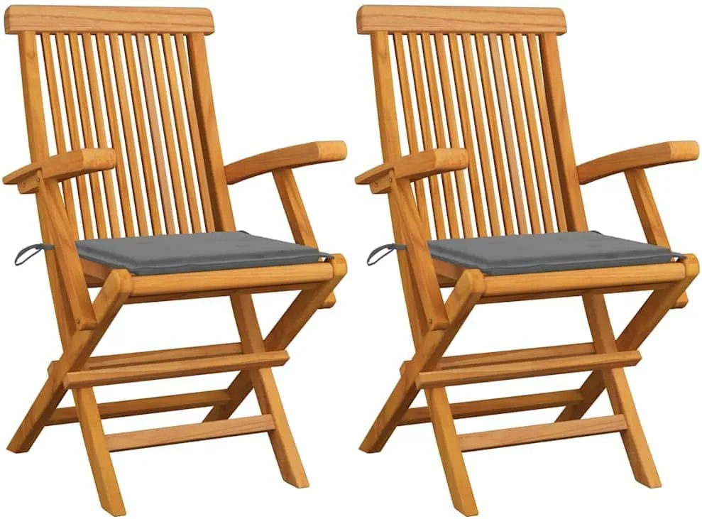 Solid Teak Wood Patio Chairs with Gray Cushions 2-Piece Set, Foldable Outdoor Furniture for Garden Terrace Poolside, Lightweight Wooden Lounge Chairs with Weather-Resistant Design