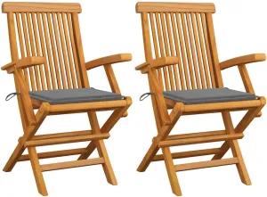 Solid Teak Wood Patio Chairs with Gray Cushions 2-Piece Set, Foldable Outdoor Furniture for Garden Terrace Poolside, Lightweight Wooden Lounge Chairs with Weather-Resistant Design